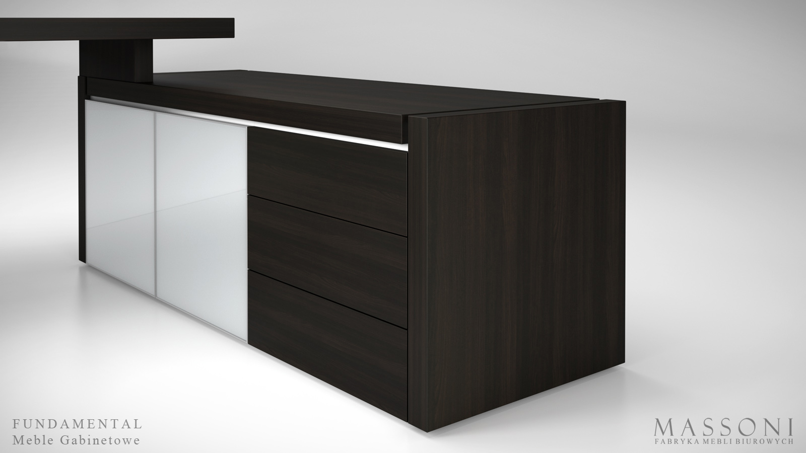 Fabryka Mebli Biurowych Massoni meble gabinetowe Fundamental komoda podbiurkowa szklane fronty 