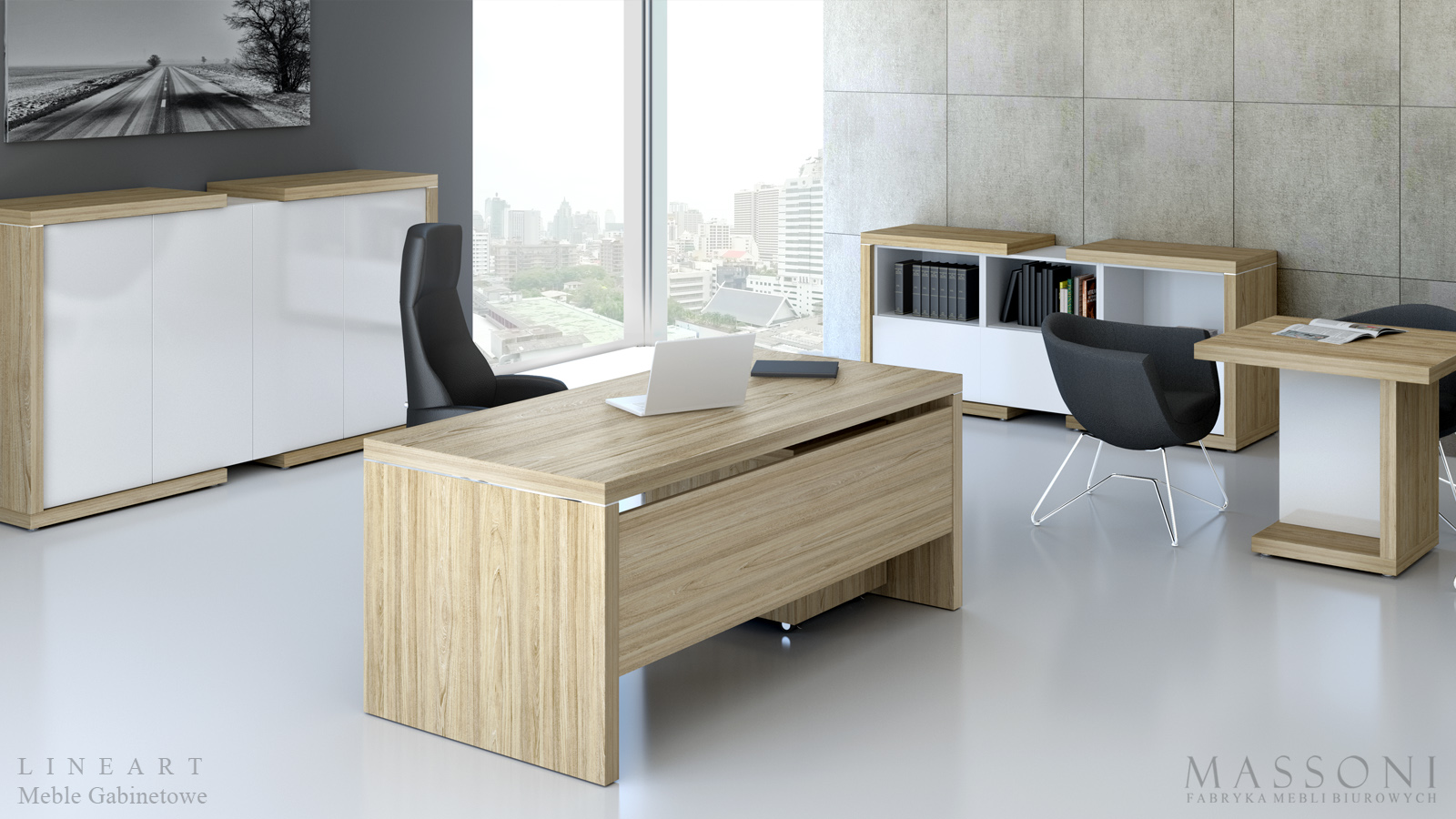 Fabryka Mebli Biurowych Massoni meble gabinetowe Lineart ergonomiczne meble wiąz jasny