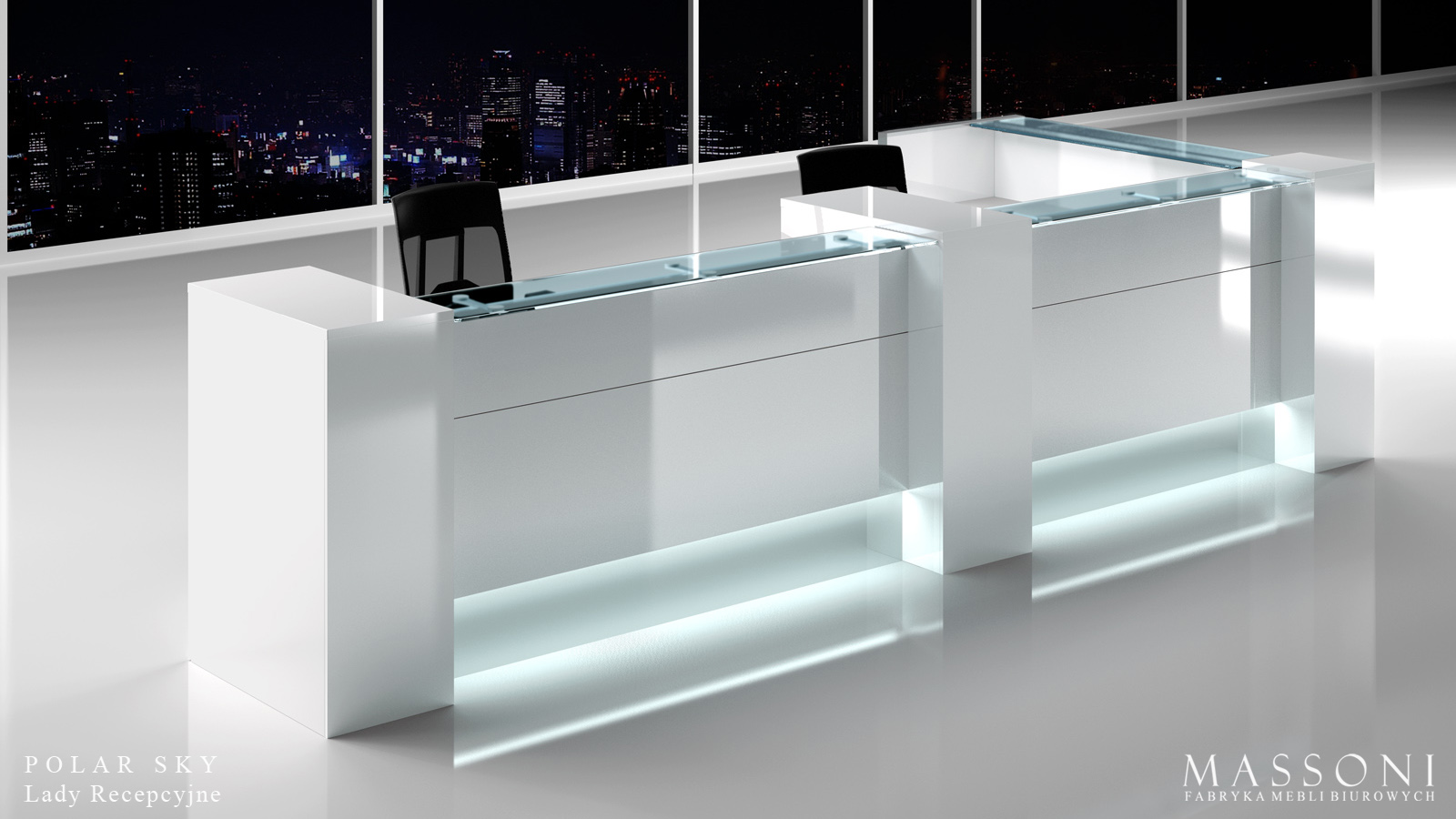 Fabryka Mebli Biurowych Massoni Lady Recepcyjne Polar Sky lada recepcyjna podswietlenie led szklany blat
