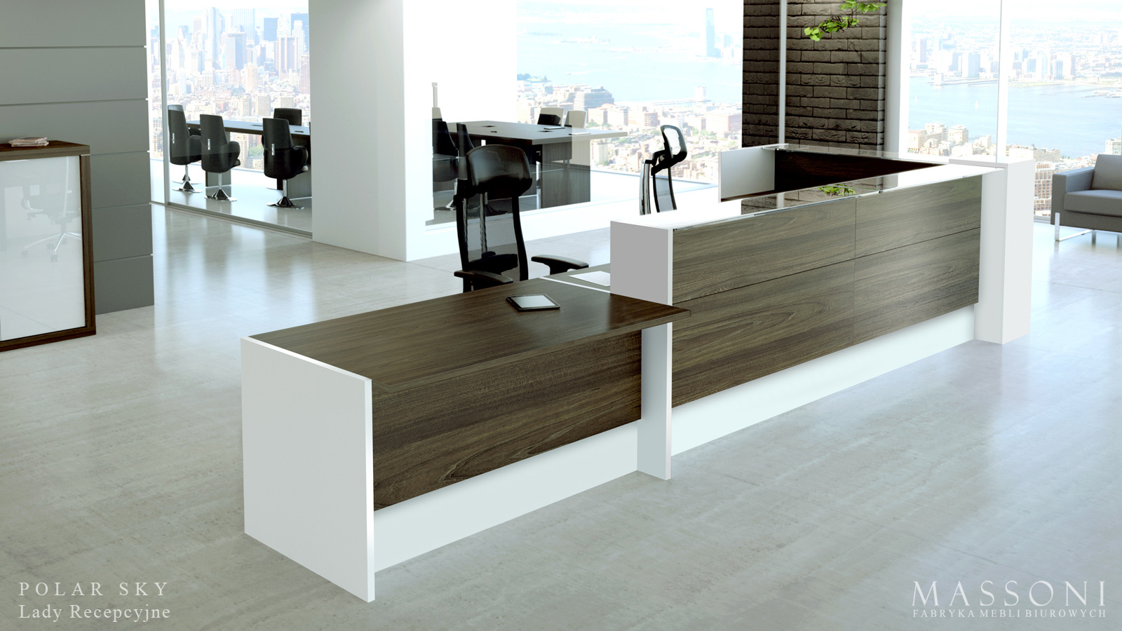 Fabryka Mebli Biurowych Massoni Lady Recepcyjne Polar Sky lada recepcyjna wiaz ciemny