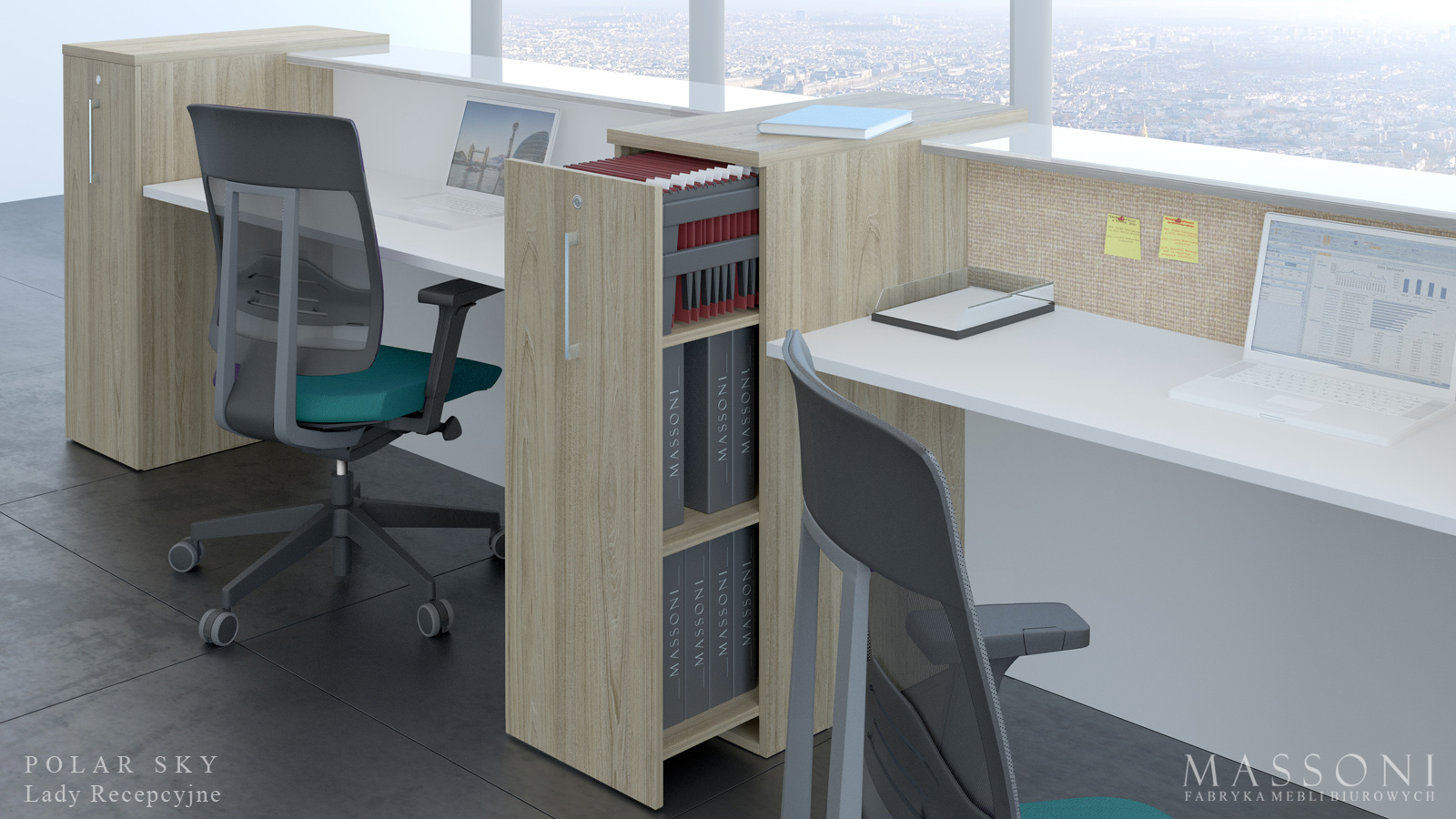 Fabryka Mebli Biurowych Massoni Lady Recepcyjne Polar Sky kontener cargo metalowe uchwyty