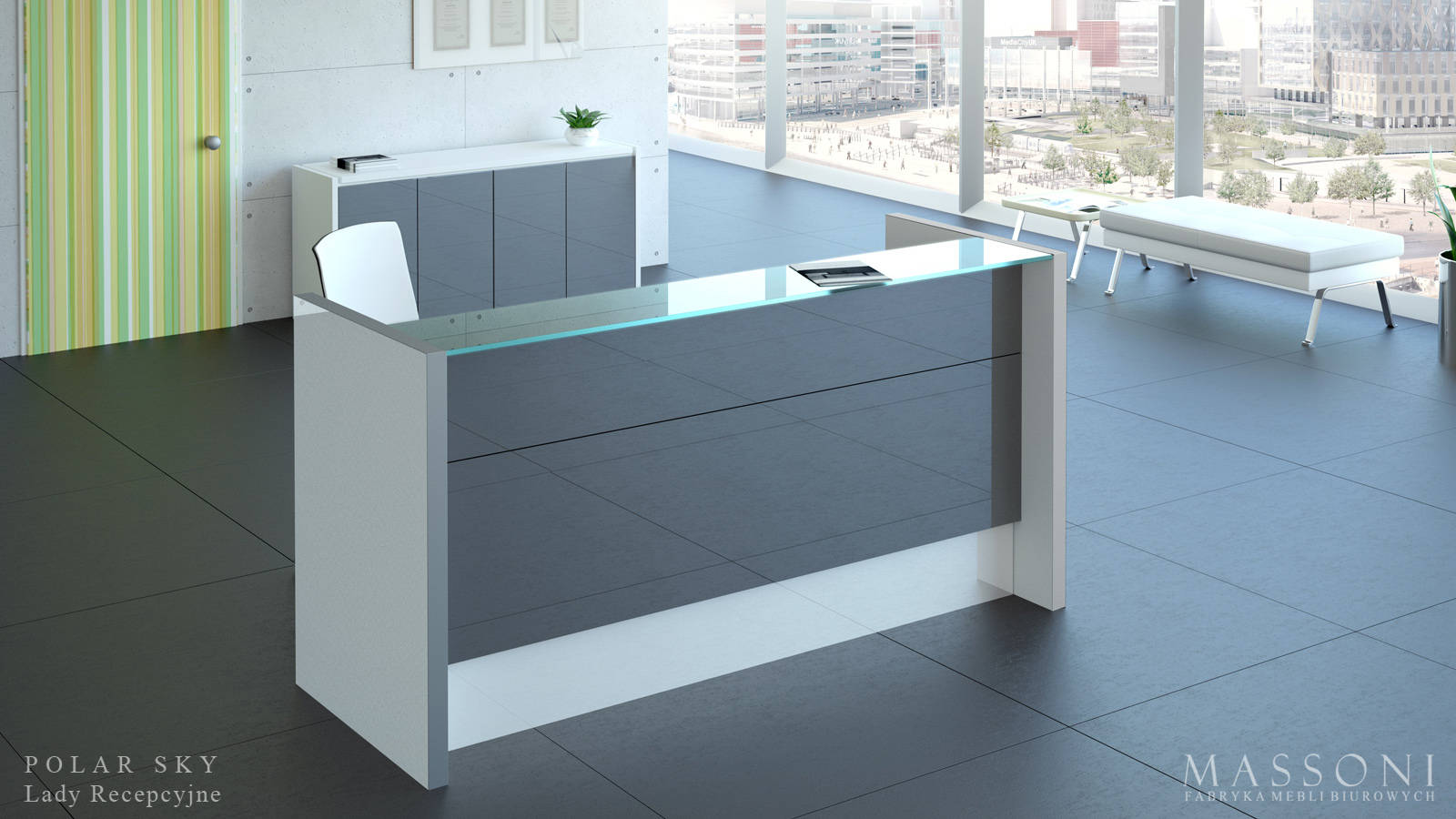Fabryka Mebli Biurowych Massoni Lady Recepcyjne Polar Sky lada recepcyjna front wysoki polysk grafit