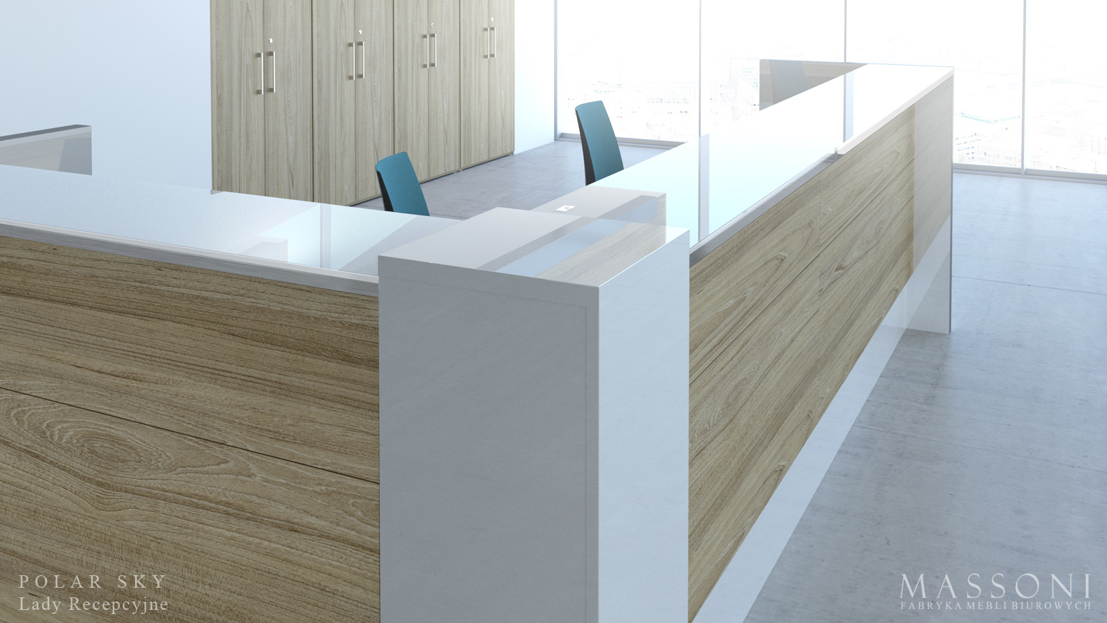 Fabryka Mebli Biurowych Massoni Lady Recepcyjne Polar Sky lada recepcyjna naroznik