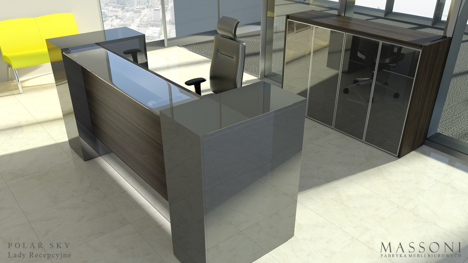 Fabryka Mebli Biurowych Massoni Lady Recepcyjne Polar Sky szklany blat gorny szuflada cargo